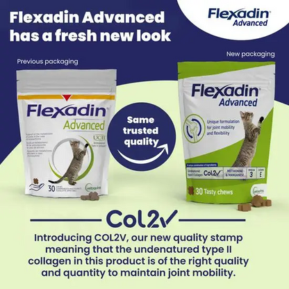 Advertisement for Flexadin Advanced cat supplement showing new and old packaging designs.