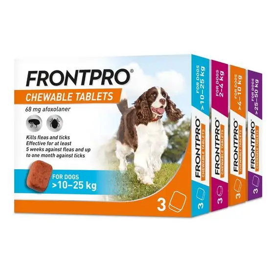Box of Frontpro chewable tablets for dogs with a dog on the label