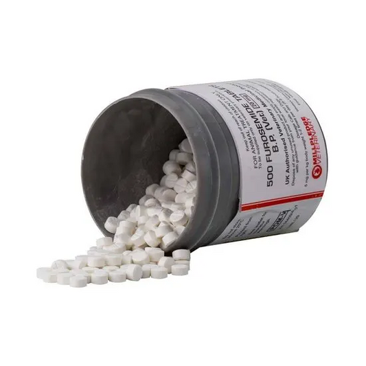 Open container of furosemide 20mg tablets with visible label on a white background