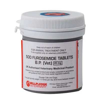 Container of 20mg Furosemide Tablets B.P. (Vet) with Millpledge Veterinary branding on a white background.