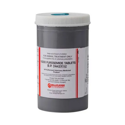 Container of Furosemide 40mg tablets with a white label on a white background