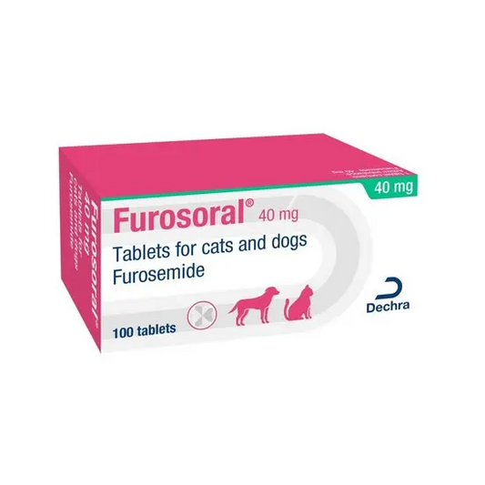 Furosoral 40 mg packaging for cats and dogs with Dehra logo on a white background
