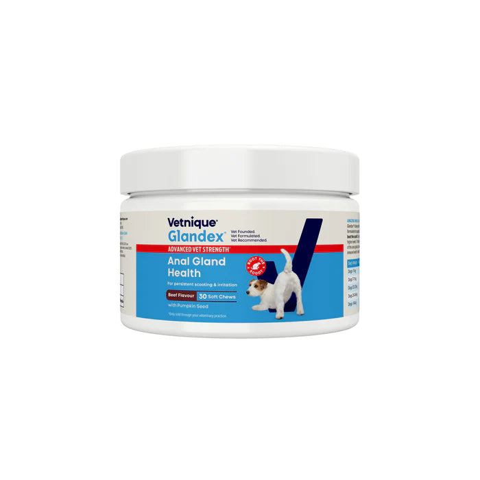Vetnique Glandex jar for dog anal gland health on a white background