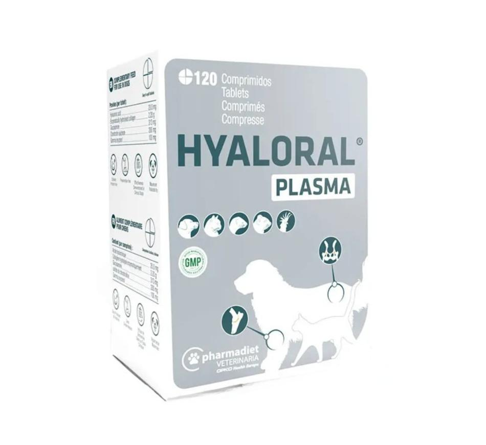 Box of Hyaloral Plasma tablets for dogs on a white background