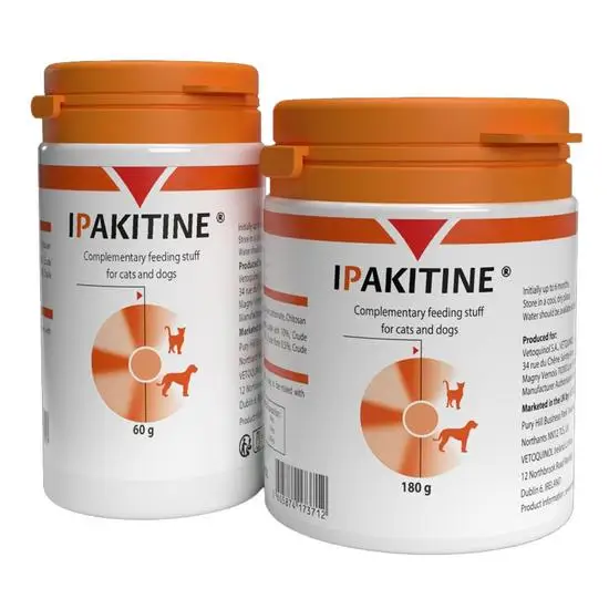 Two containers of IPakitine, a complementary feeding stuff for cats and dogs, on a white background.