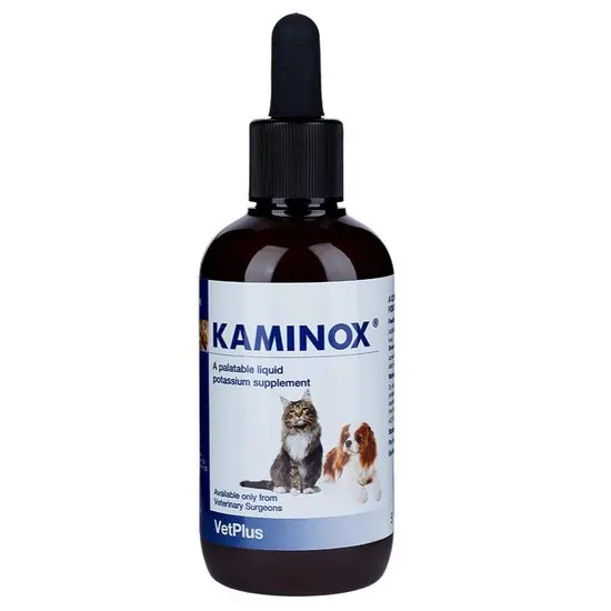Kaminox pet supplement bottle with dropper on a white background