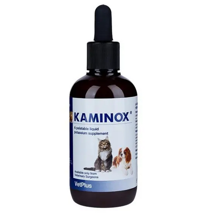 Kaminox pet supplement bottle with dropper on a white background
