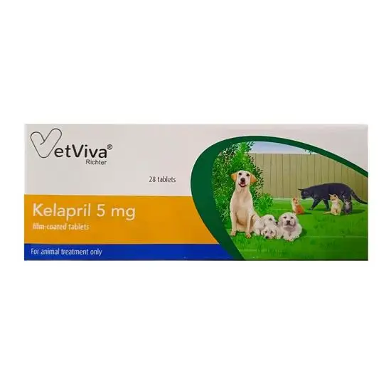 Box of VetViva Kelapril 5 mg tablets with images of dogs and a cat on a grassy area.
