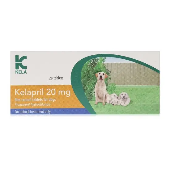 Kela Kelapril 20 mg tablet packaging with dogs on a grassy background