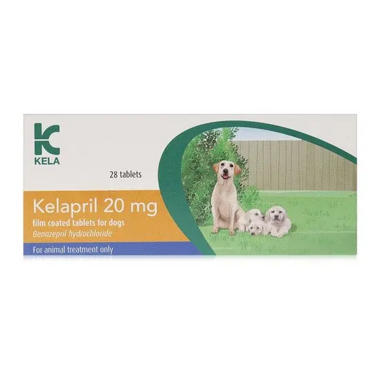 Kela Kelapril 20 mg tablet packaging with dogs on a grassy background