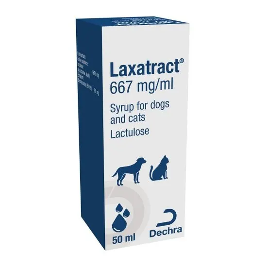 Laxattract syrup packaging for dogs and cats with blue and white design.