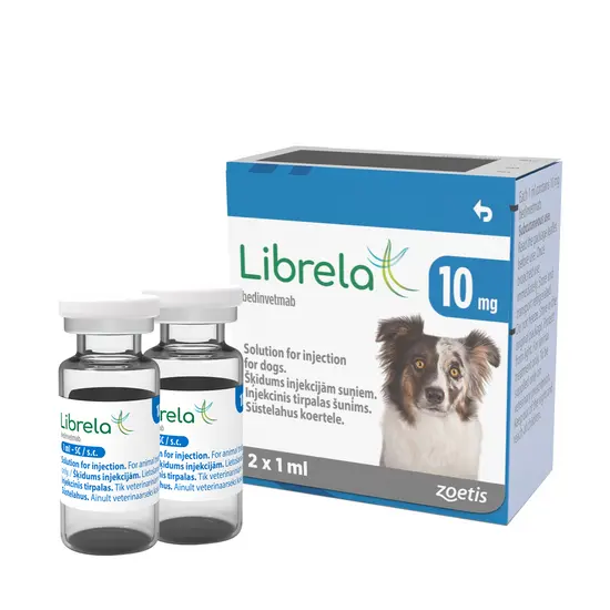 Librela 10mg veterinary medicine packaging with two vials on a white background