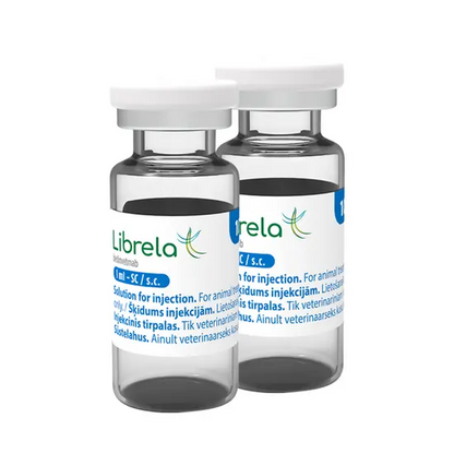 Two 10mg Librela vials on a white background