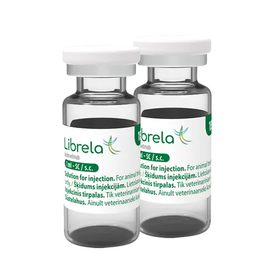 Two Librela 15mg vials for injection on a white background