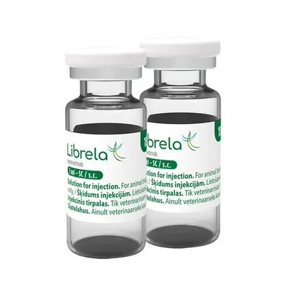 Two Librela 15mg vials for injection on a white background