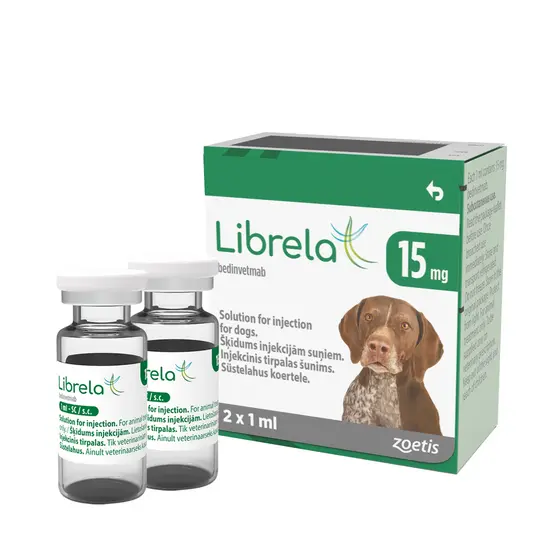 Librela 15mg injection packaging for dogs with two vials and a box on a white background