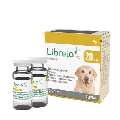 Librela 20mg injection packaging for dogs with two vials and a box on a white background