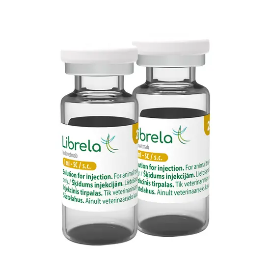 Two 20mg Librela vials for injection on a white background