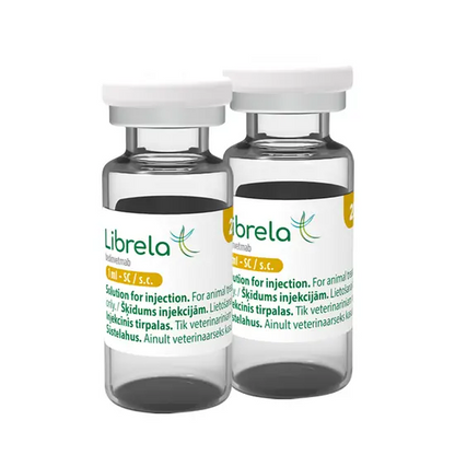 Two 20mg Librela vials for injection on a white background