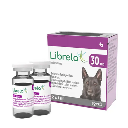 Librela 30mg injection packaging for dogs with two vials on a white background