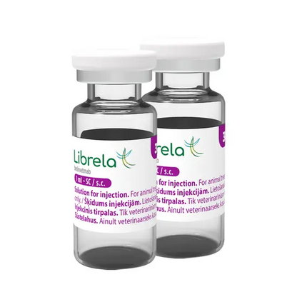 Two 30mg Librela vials for injection on a white background