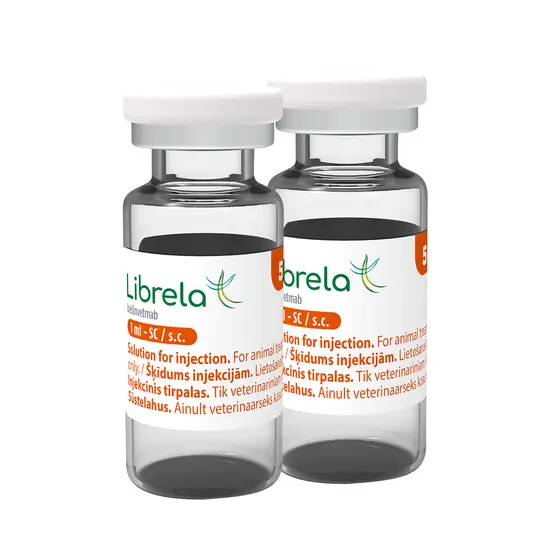 Two 5mg Librela vials for injection on a white background