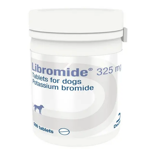 Jar of Libromide tablets for dogs with 325 mg dosage on a white background