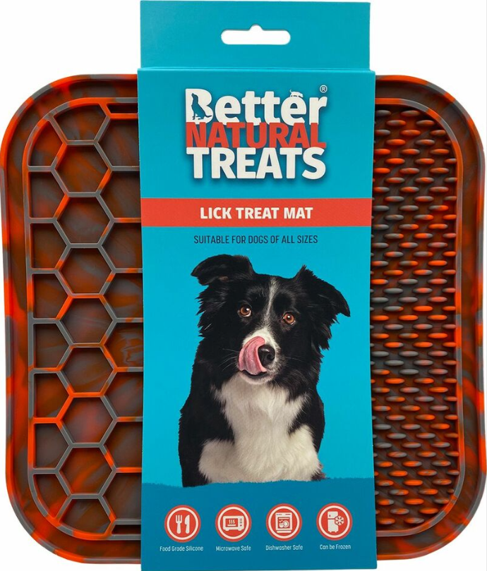 Lick treat mat with packaging featuring a dog and 'Better Natural Treats' branding.