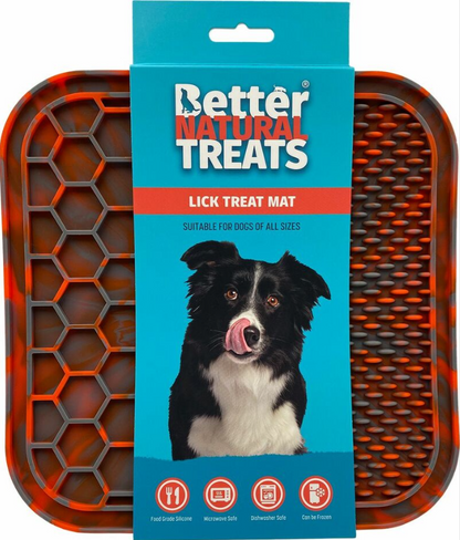Lick treat mat with packaging featuring a dog and 'Better Natural Treats' branding.