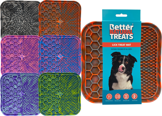 Set of dog lick treat mats in various colors with a packaging box featuring a dog and text.