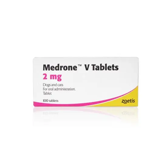 Box of Medrone V Tablets 2 mg by Zoetis on a white background