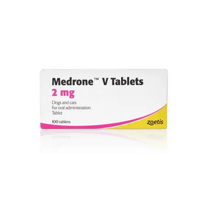 Box of Medrone V Tablets 2 mg by Zoetis on a white background
