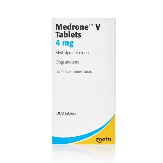 Box of Medrone V Tablets 4 mg for dogs and cats with Zoetis branding on a white background.