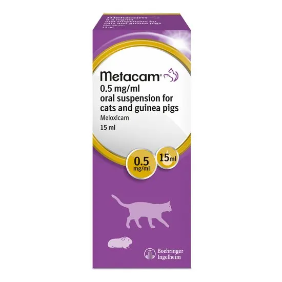 Box of Metacam oral suspension for cats and guinea pigs 0.5mg/ml 15ml on a white background