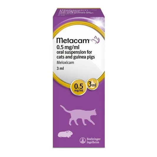 Box of Metacam for cats and guinea pigs 0.5mg/ml 3ml on a white background