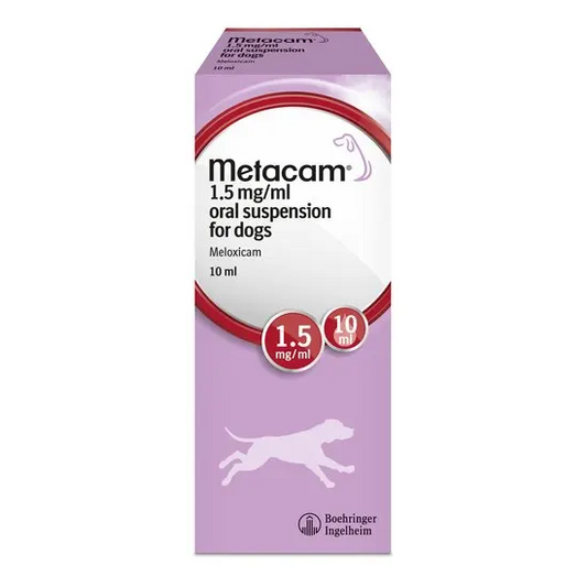Metacam oral suspension for dogs 1.5mg/ml 10ml packaging on a white background