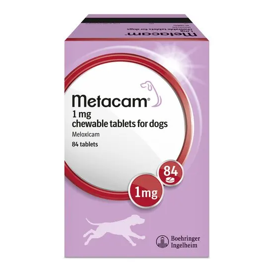 Box of Metacam 1 mg chewable tablets for dogs on a white background