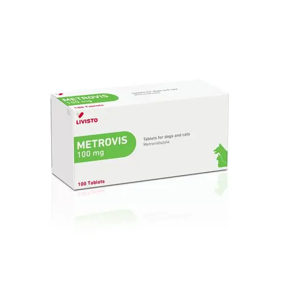 Box of Livisto Metrovis 100 mg tablets for dogs and cats on a white background