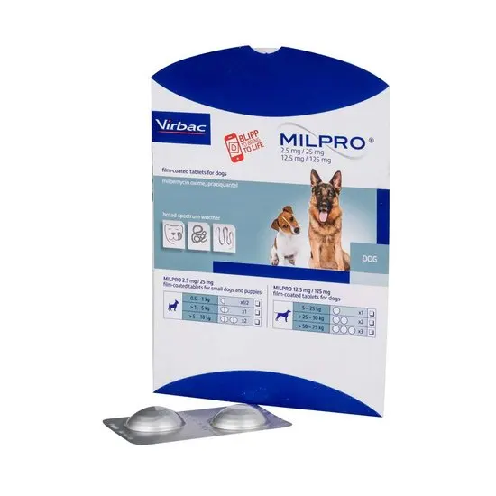 Packaging of Virbac Milpro for dogs with two tablets on a white background