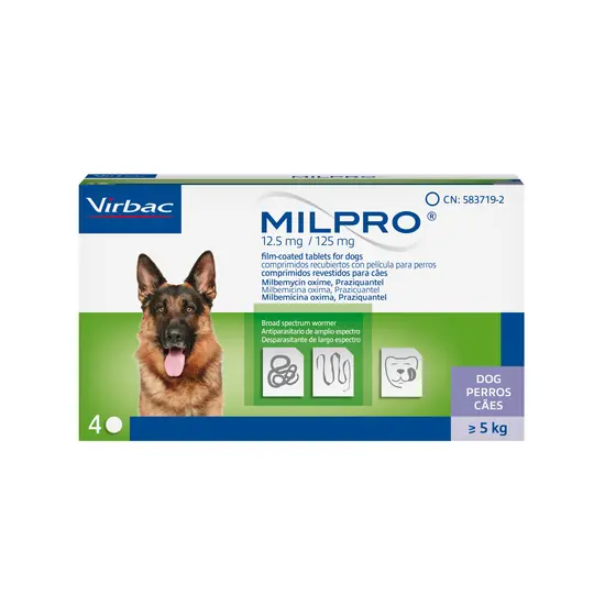Box of Virbac Milpro for dogs with a German Shepherd on the label.