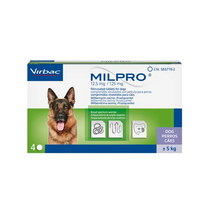 Box of Virbac Milpro for dogs with a German Shepherd on the label.
