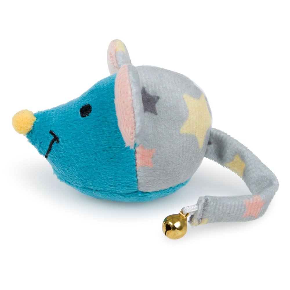 Plush toy mouse with a bell on a white background