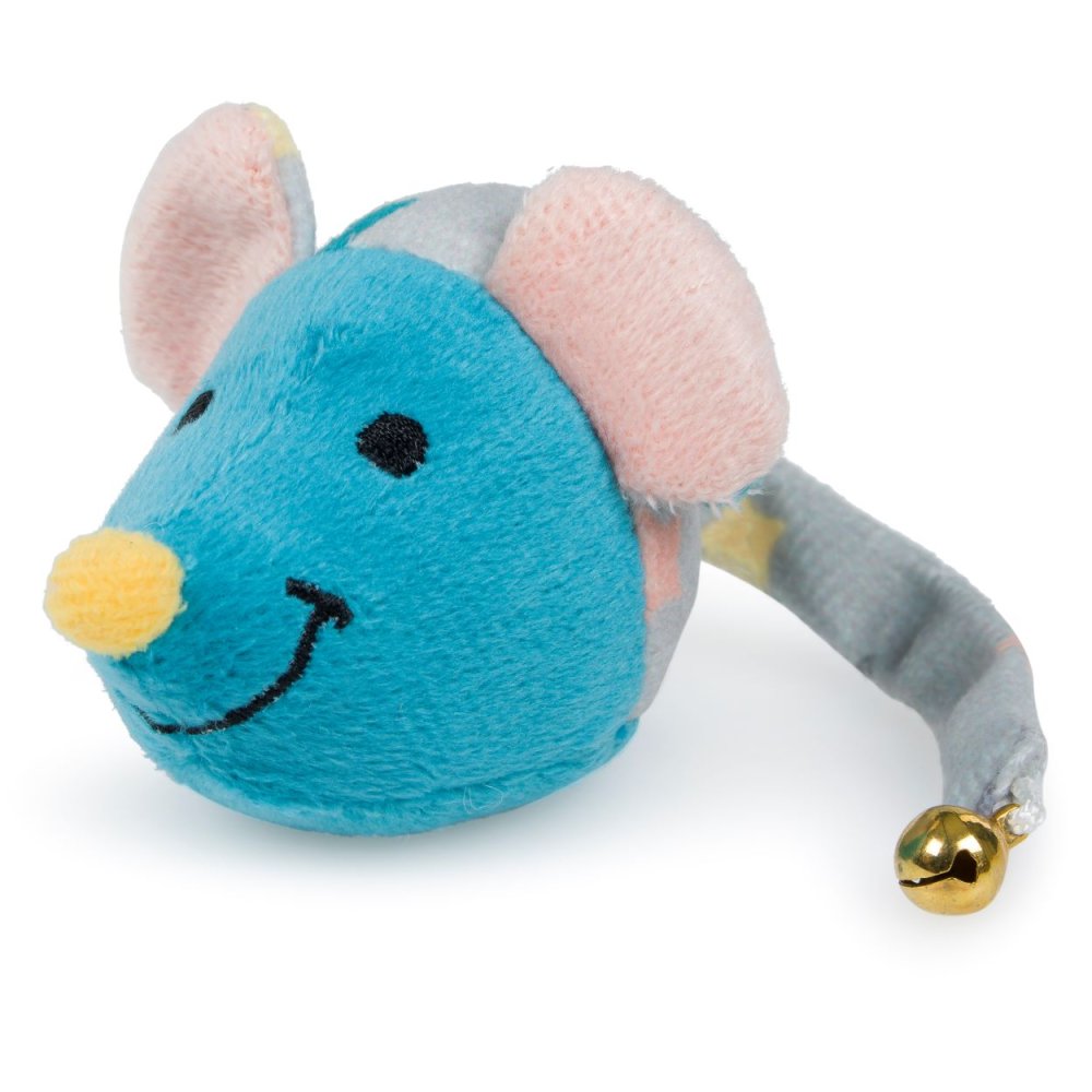 Plush toy mouse with a bell on a white background