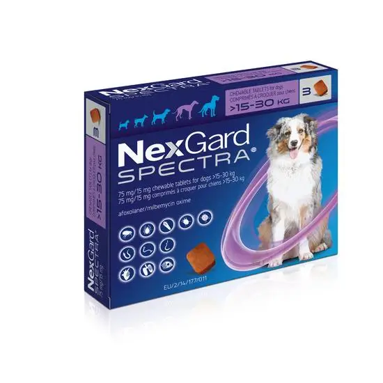 NexGard Spectra packaging for dogs 15-30kg with a dog illustration on a white background