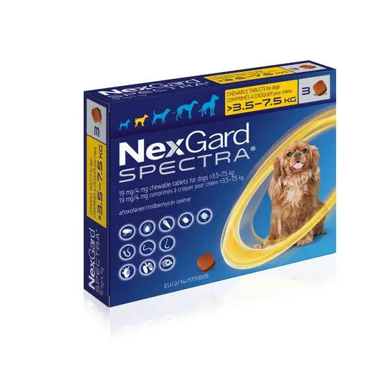 NexGard Spectra packaging for dogs 3.5-7.5kg on a white background