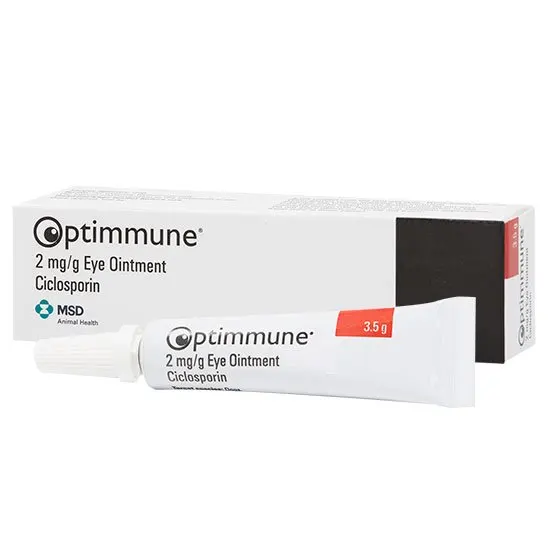 Optimmune 2 mg/g Eye Ointment packaging on a white background