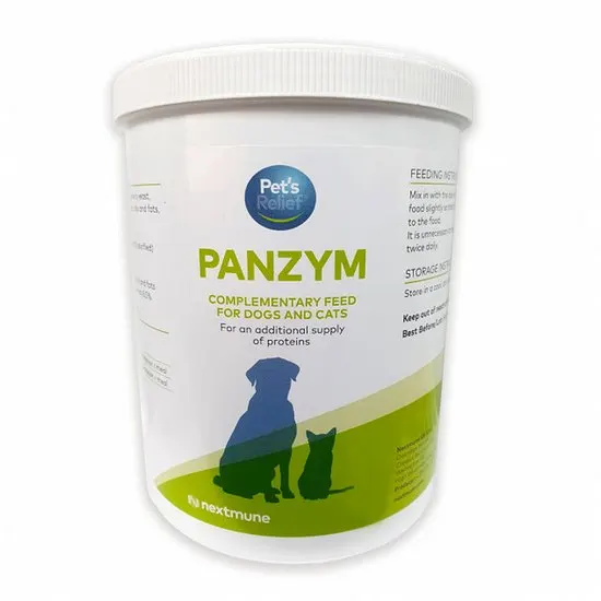 Container of Panzym complementary feed for dogs and cats on a white background