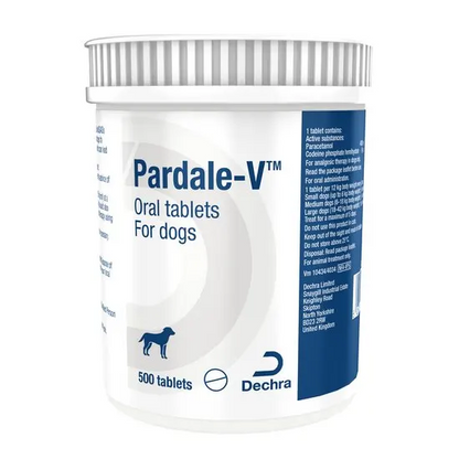 Container of Pardale-V oral tablets for dogs with Dechra branding on a white background
