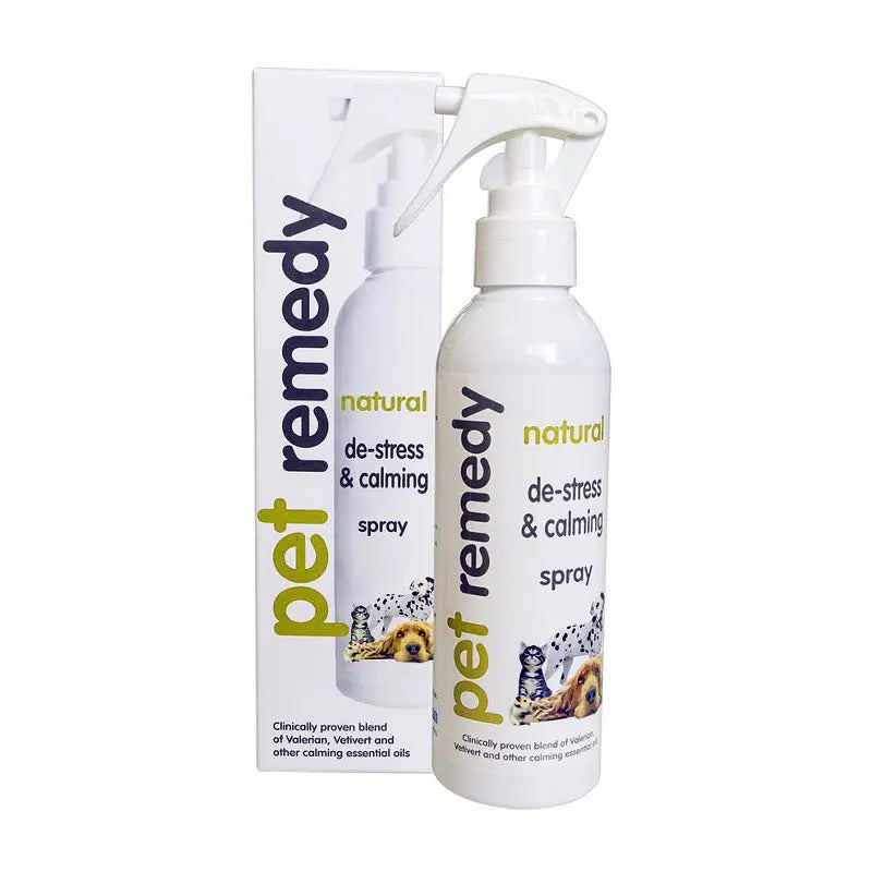 Pet Remedy de-stress and calming spray bottle and packaging on a white background