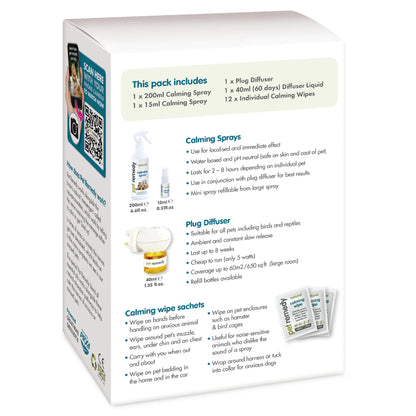 Packaging of a calming product set for pets with text and images on a white background.